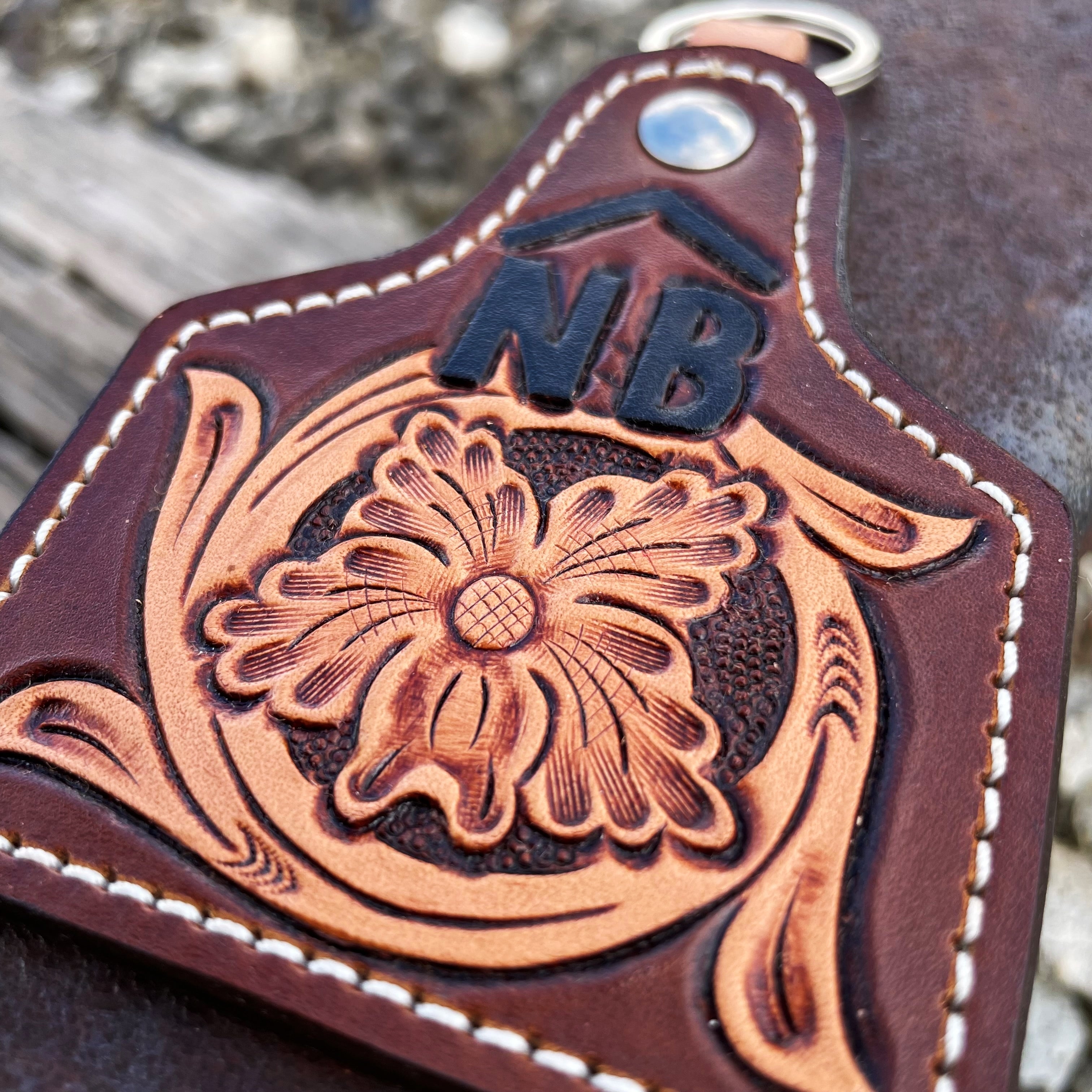 Yri Custom Designs Embroidered Leather Tiger Key Tag Orange